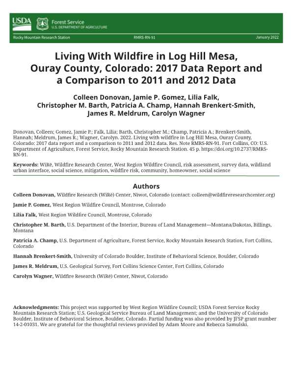 Living with wildfire in Log Hill Mesa, Ouray County, Colorado: 2017 data report and a comparison to 2011 and 2012 data_RMRS-RN-91_00012022.jpg